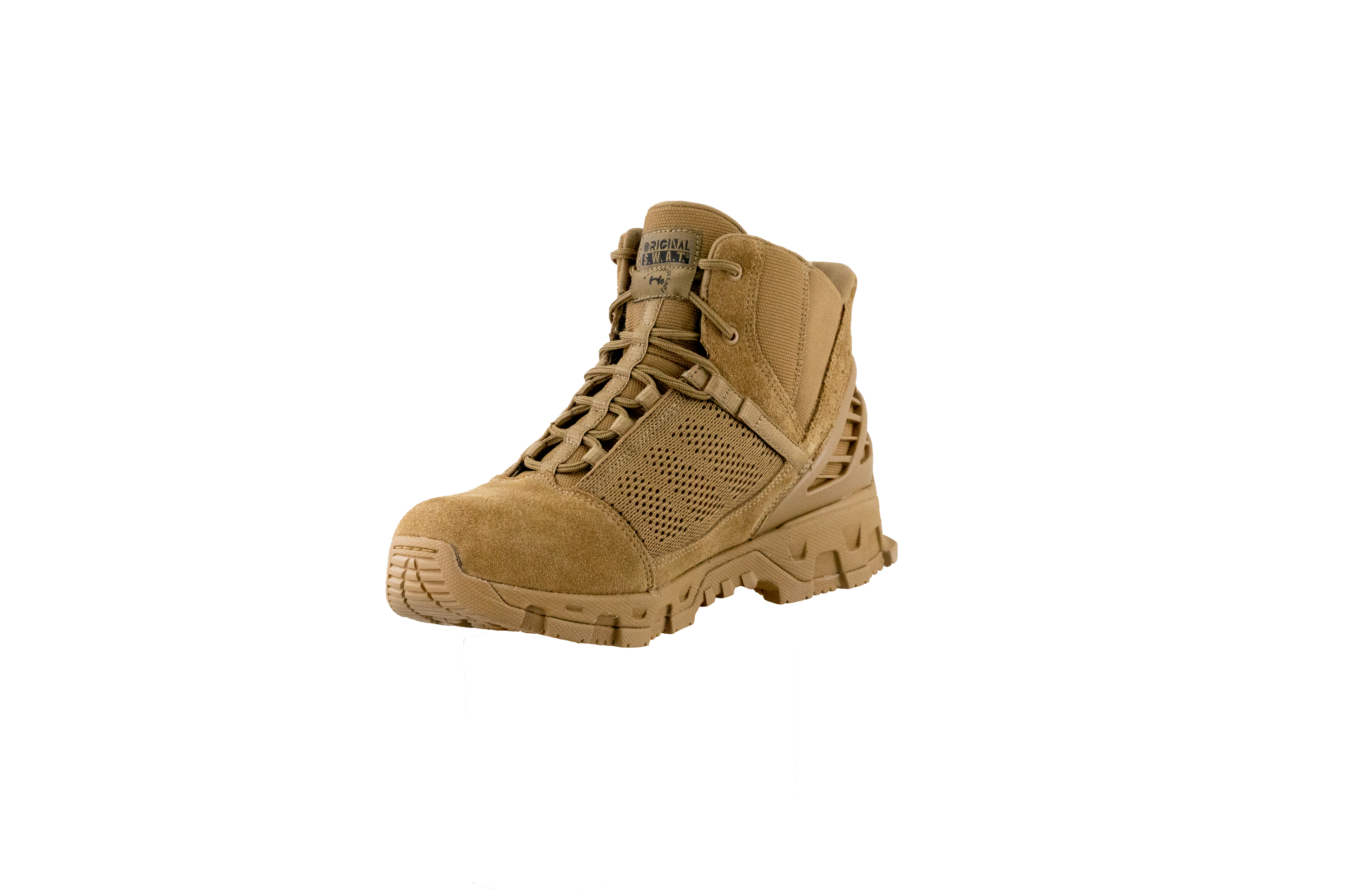 Original SWAT coyote tactical boots with a lace-up closure, rubber outsole, and mesh fabric upper designed for performance and comfort.