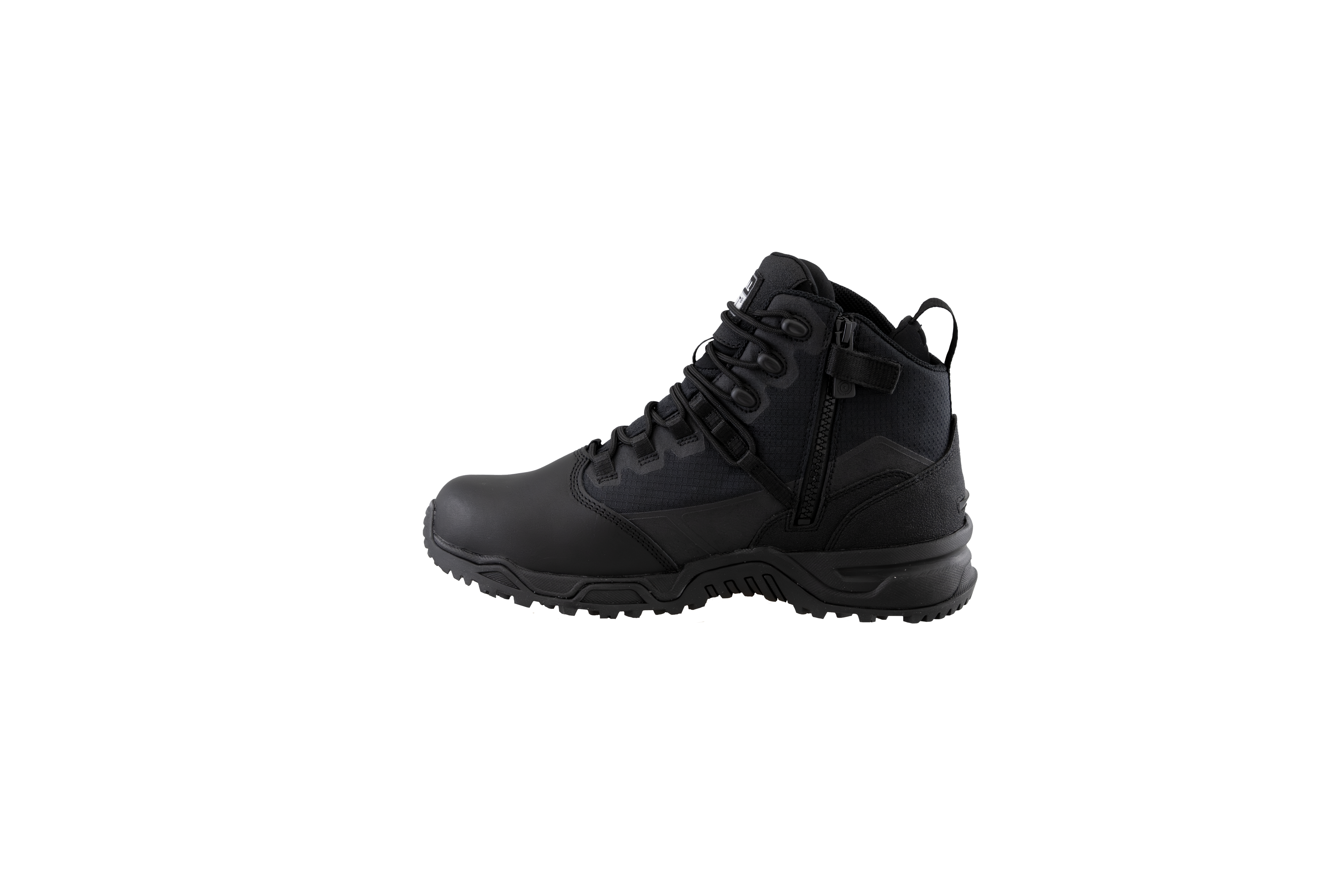 Original SWAT black tactical boots with a polishable toe and side zipper, featuring a non-marking rubber outsole.