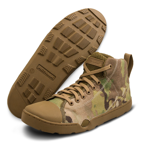 Photo of a pair of Altama® Maritime Mid multi camouflage zero drop boots