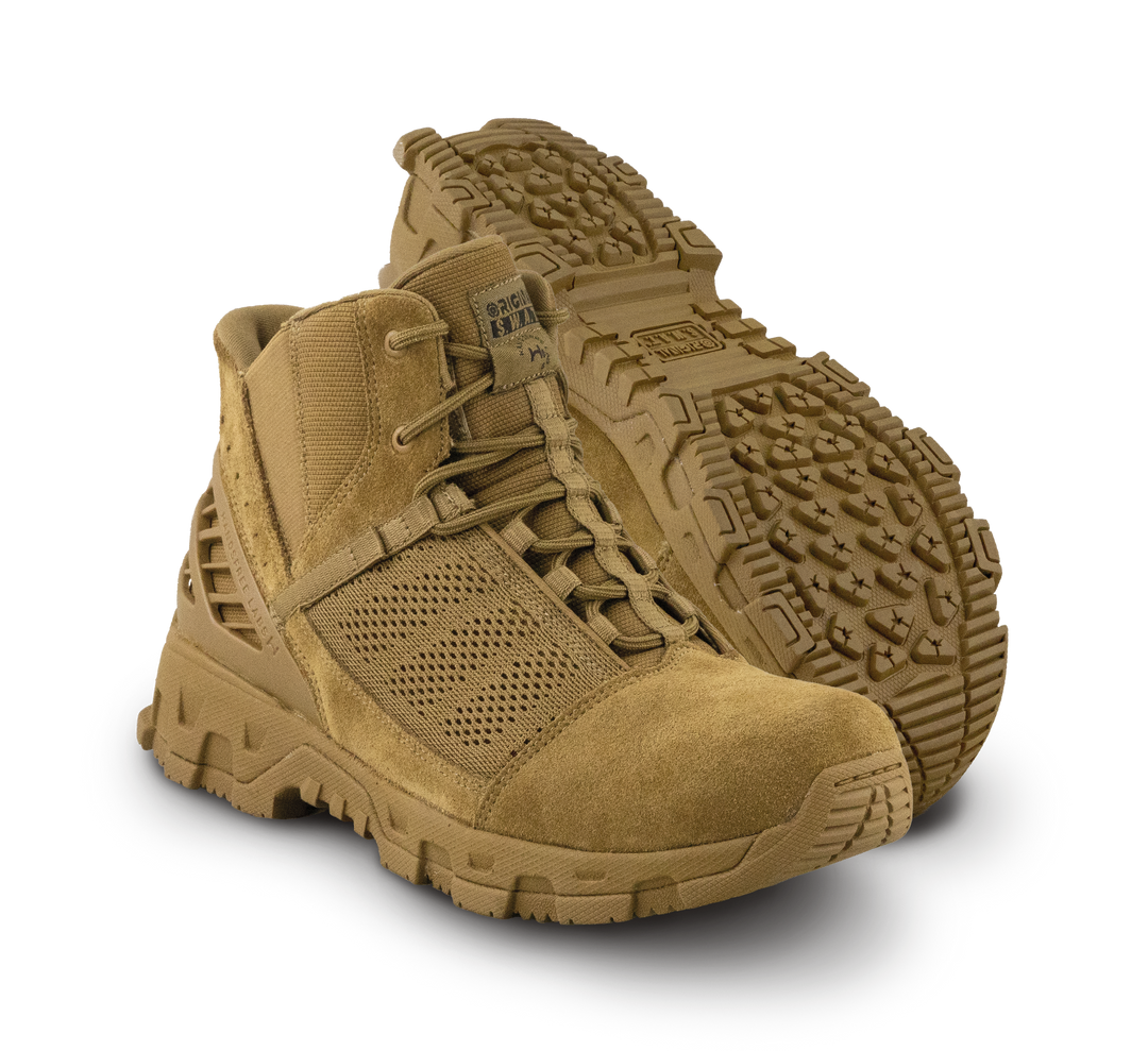 Original SWAT coyote tactical boots with a lace-up closure, rubber outsole, and mesh fabric upper designed for performance and comfort.