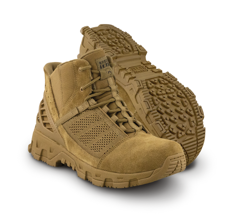 Original SWAT coyote tactical boots with a lace-up closure, rubber outsole, and mesh fabric upper designed for performance and comfort.