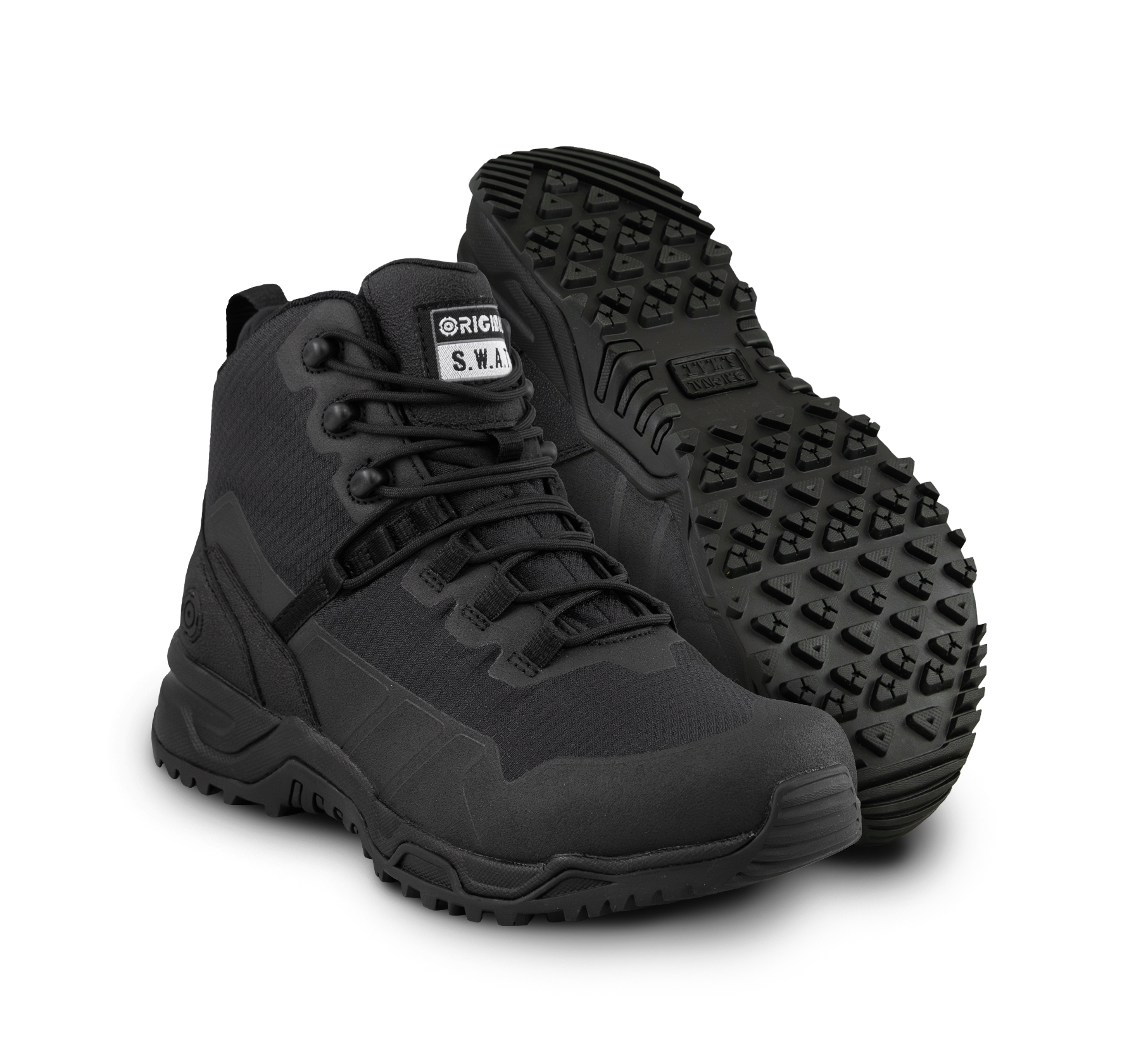 A pair of Original SWAT best police boots with a lace-up closure, rubber outsole, and mesh fabric upper designed for performance and comfort.