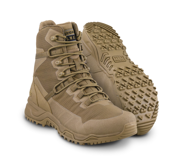 Original SWAT coyote tactical boots with a side zipper, featuring a non-marking rubber outsole.