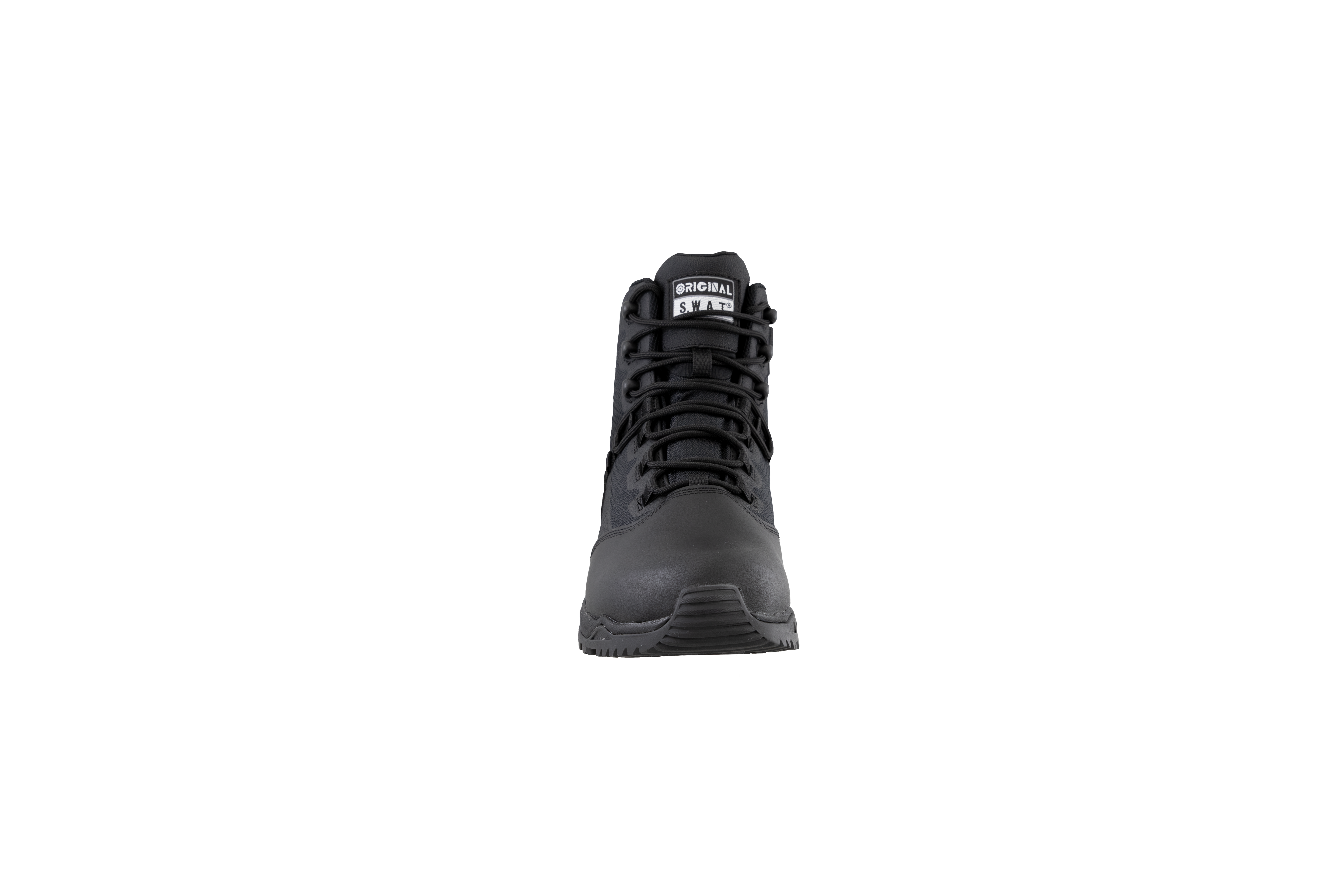 Original SWAT black tactical boots with a polishable toe and side zipper, featuring a non-marking rubber outsole.