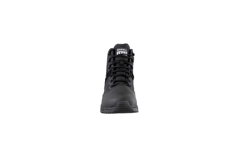 Original SWAT black tactical boots with a polishable toe and side zipper, featuring a non-marking rubber outsole.