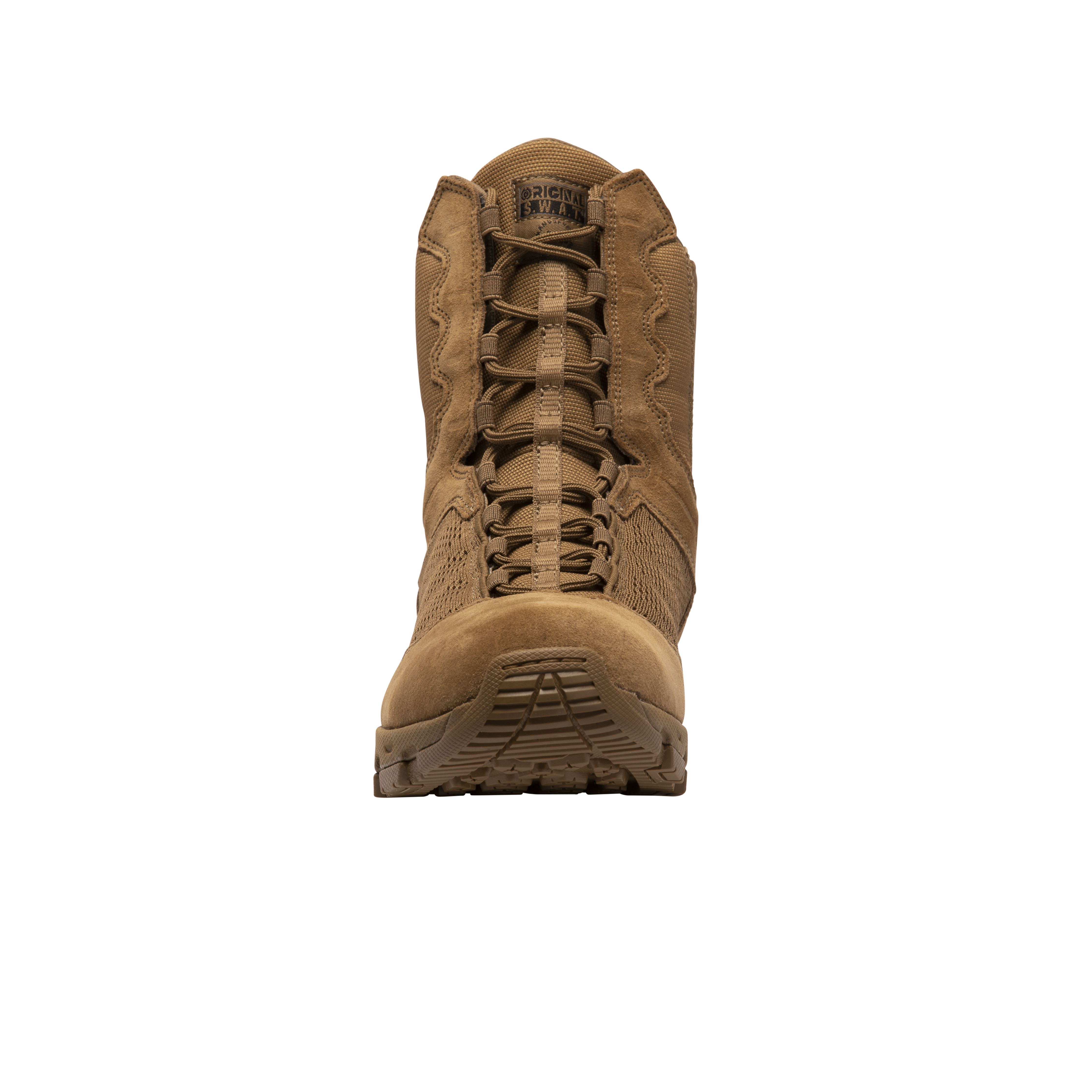 Original SWAT coyote tactical boots with a lace-up closure, rubber outsole, and mesh fabric upper designed for performance and comfort.