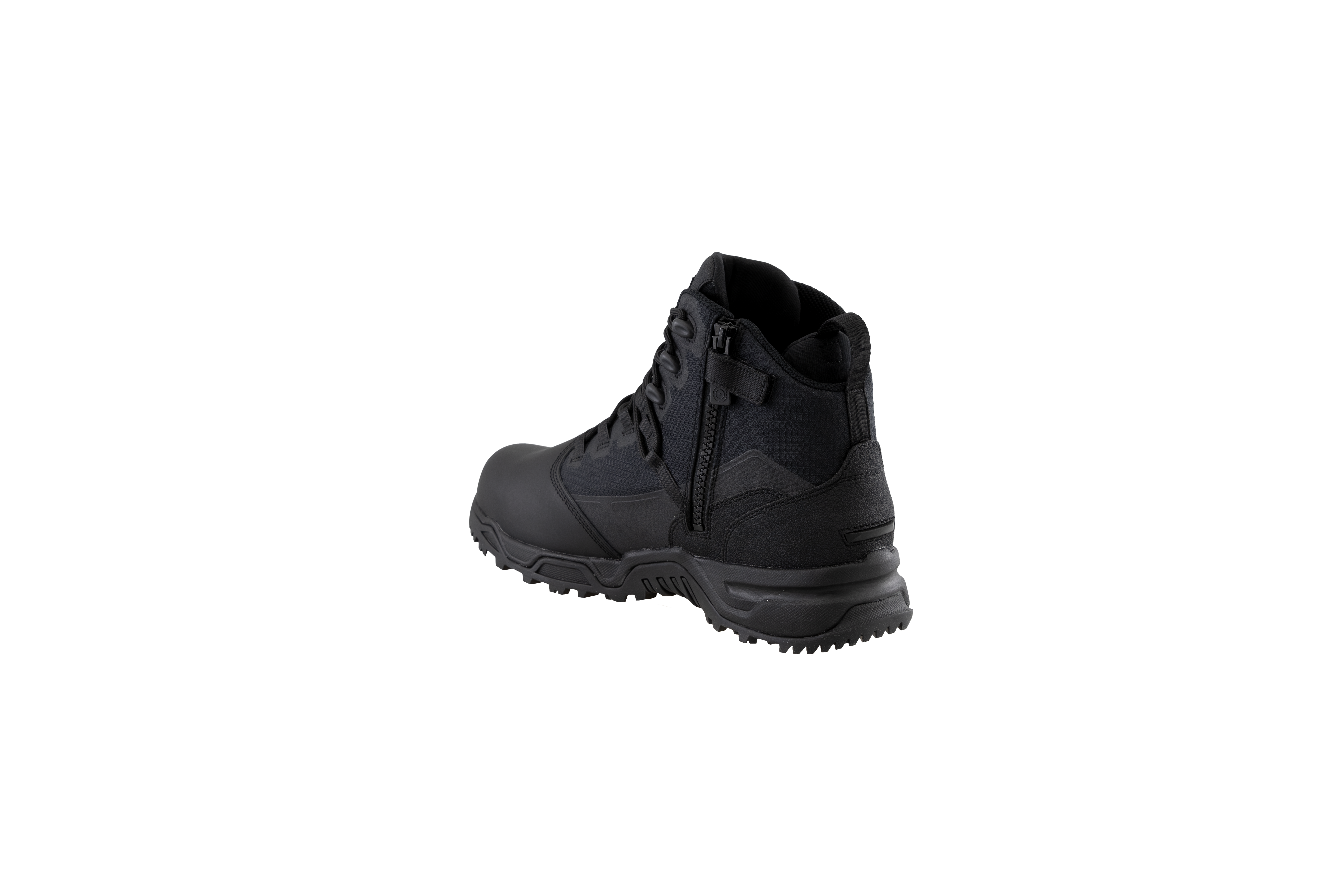 Original SWAT black tactical boots with a polishable toe and side zipper, featuring a non-marking rubber outsole.