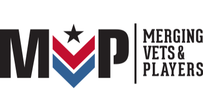 Logo of Merging Vets & Players with a star and chevron design on a white background