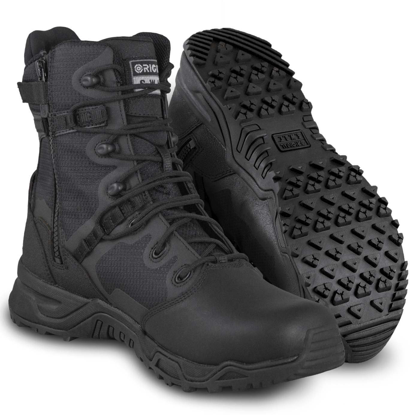 A pair of Original SWAT black Alpha Fury 8 work boots with polishable toe and side zip feature.