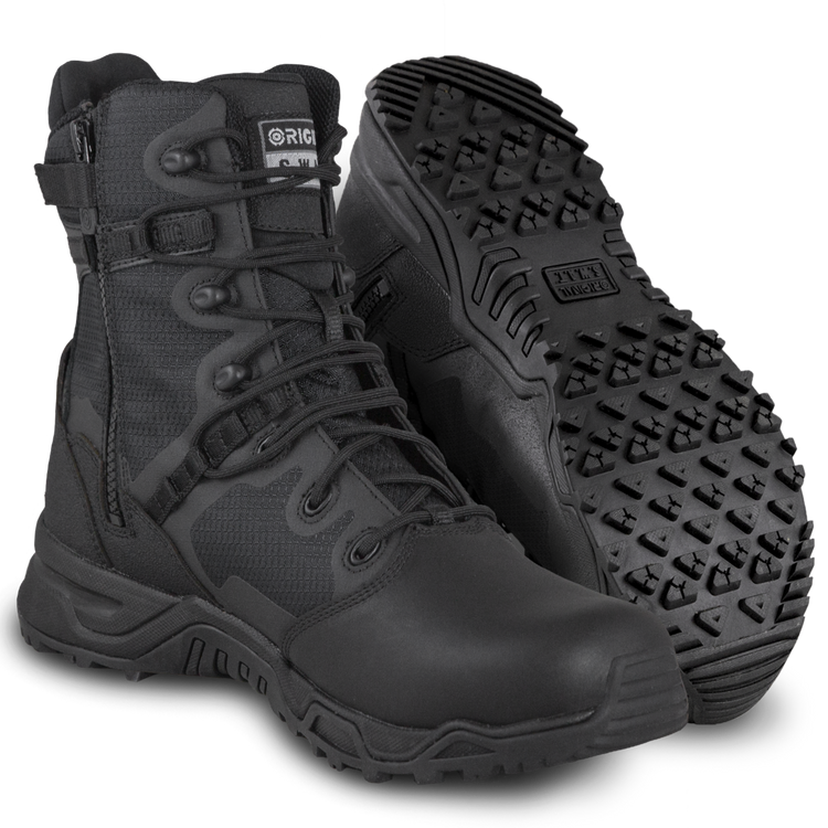 A pair of Original SWAT black Alpha Fury 8 work boots with polishable toe and side zip feature.