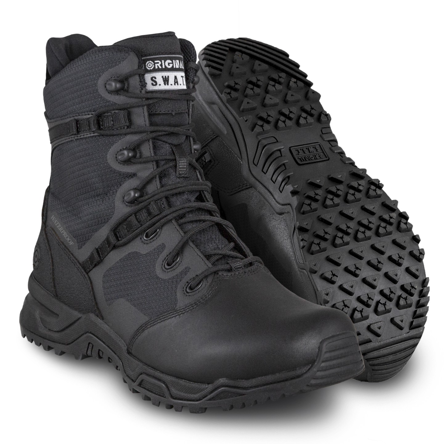 A pair of black, polishable toe tactical boots with a side zipper, suitable for waterproof and slip-resistant use.
