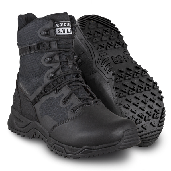 A pair of black, polishable toe tactical boots with a side zipper, suitable for waterproof and slip-resistant use.
