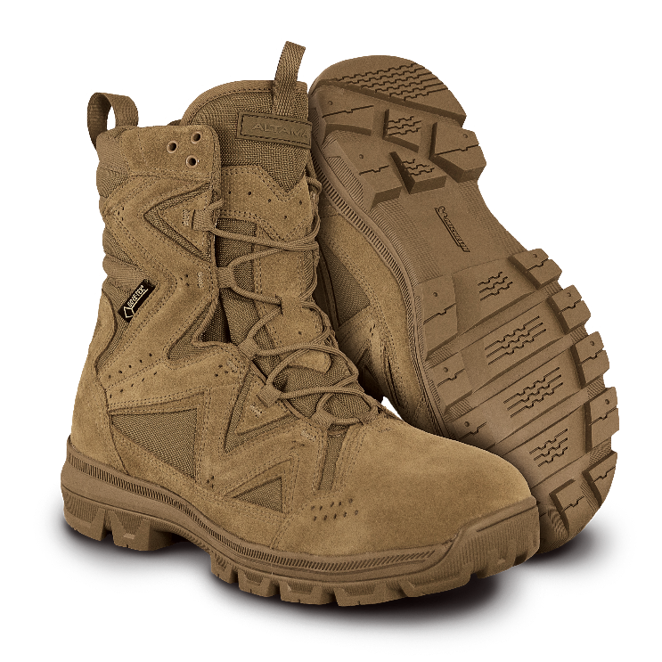 A pair of Altama ar 670 1 tactical boots with lace-up closure and slip resistant rubber outsoles