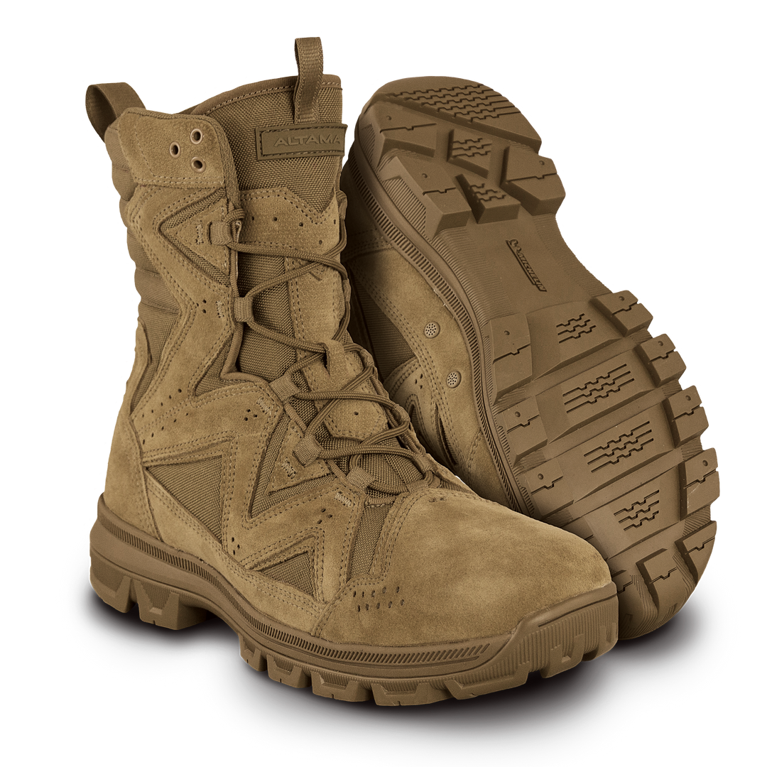 A pair of Altama ar 670 1 tactical boots with lace-up closure and slip resistant rubber outsoles