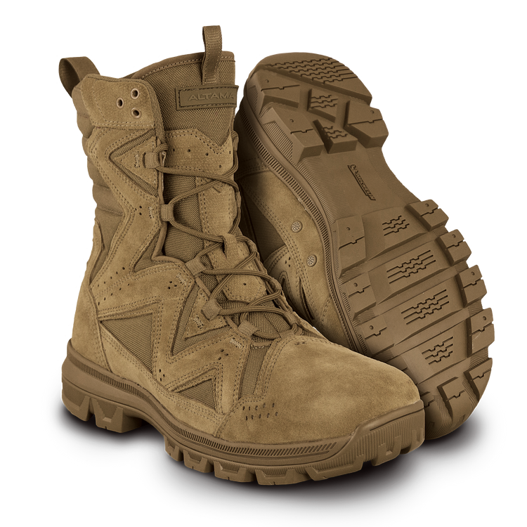 A pair of Altama ar 670 1 tactical boots with lace-up closure and slip resistant rubber outsoles