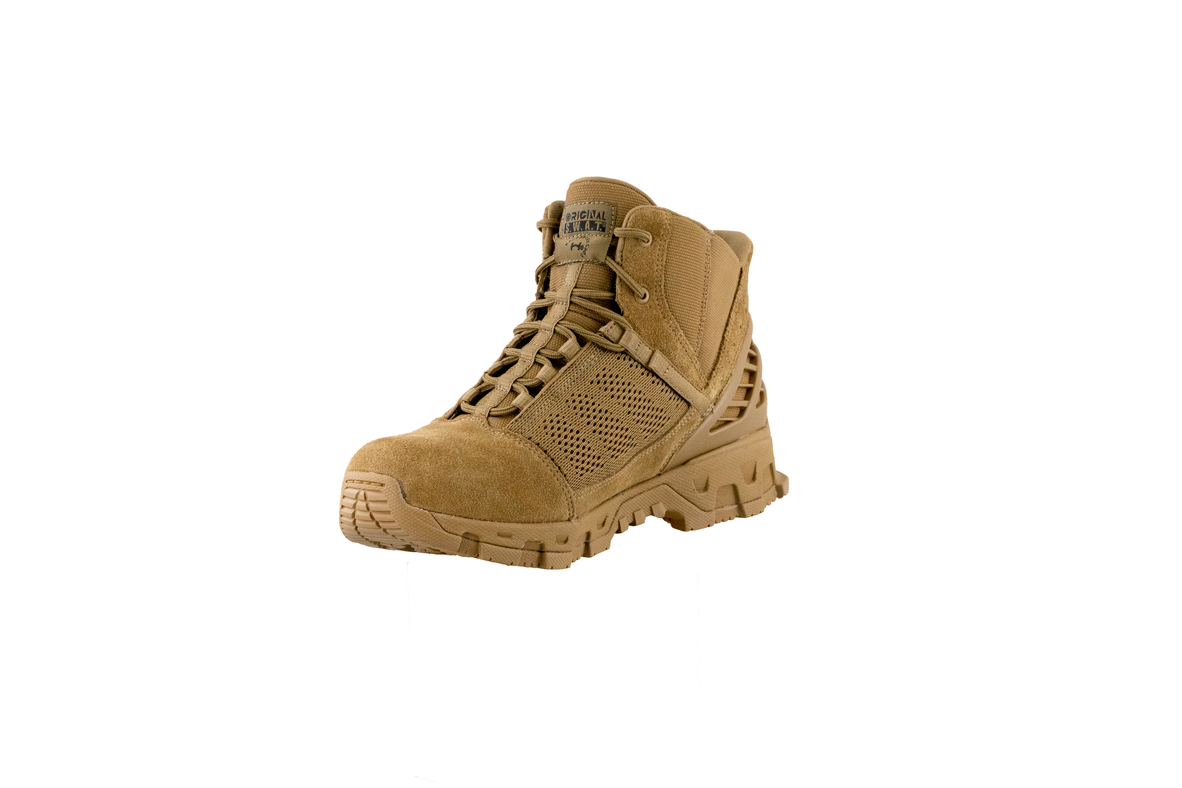 Original SWAT coyote tactical boots with a lace-up closure, rubber outsole, and mesh fabric upper designed for performance and comfort.