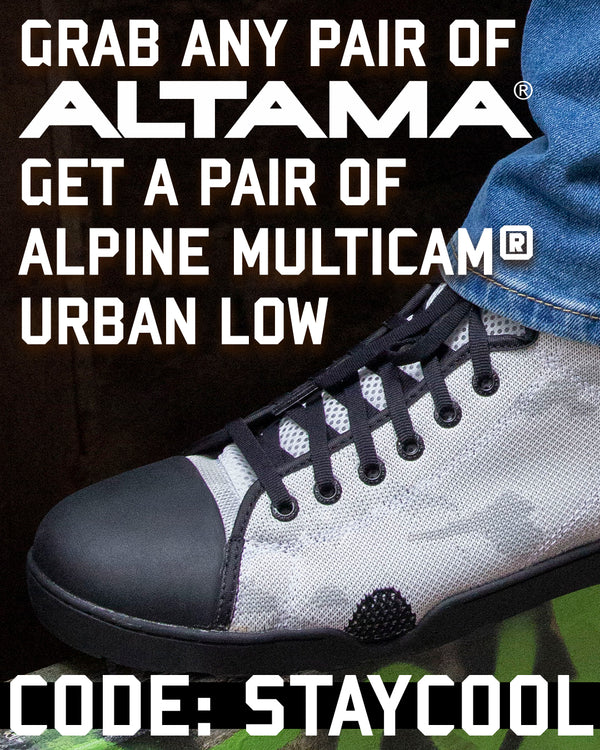 A close-up of a sneaker with a gray and black camouflage pattern, black laces, and a black toe cap, shown with jeans at the top. Large white text overlays read 'GRAB ANY PAIR OF ALTAMA GET A PAIR OF ALPINE MULTICAM URBAN LOW' and 'CODE: STAYCOOL'.