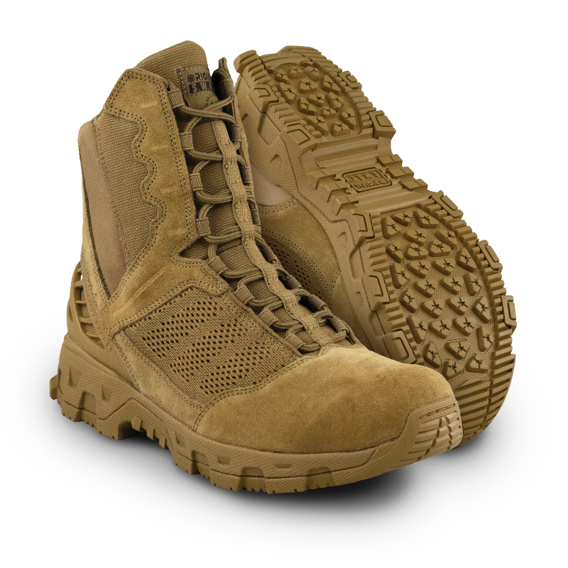 Original SWAT coyote tactical boots with a lace-up closure, rubber outsole, and mesh fabric upper designed for performance and comfort.