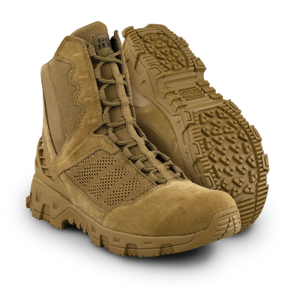 Original SWAT coyote tactical boots with a lace-up closure, rubber outsole, and mesh fabric upper designed for performance and comfort.