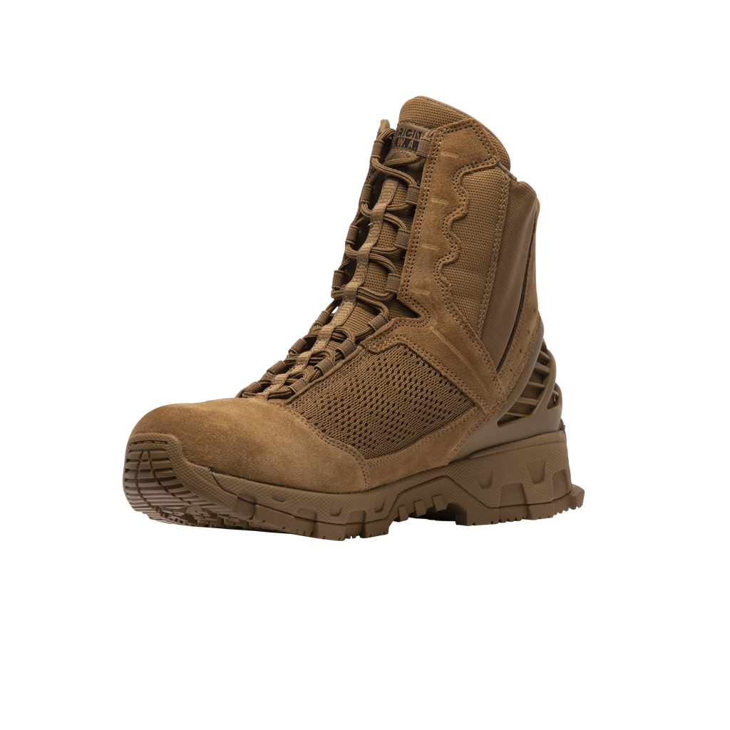 Original SWAT coyote tactical boots with a lace-up closure, rubber outsole, and mesh fabric upper designed for performance and comfort.