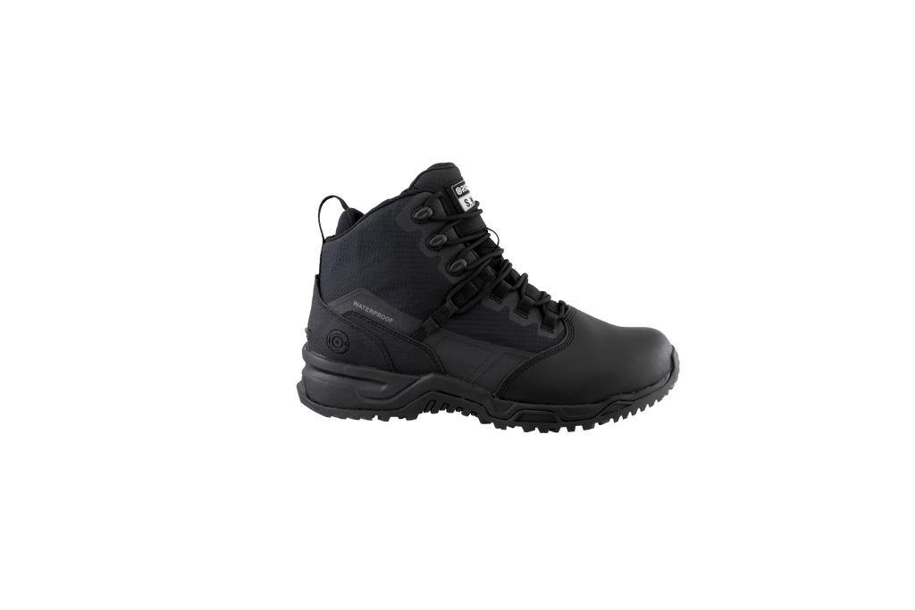 Original SWAT black tactical boots with a polishable toe and side zipper, featuring a non-marking rubber outsole.