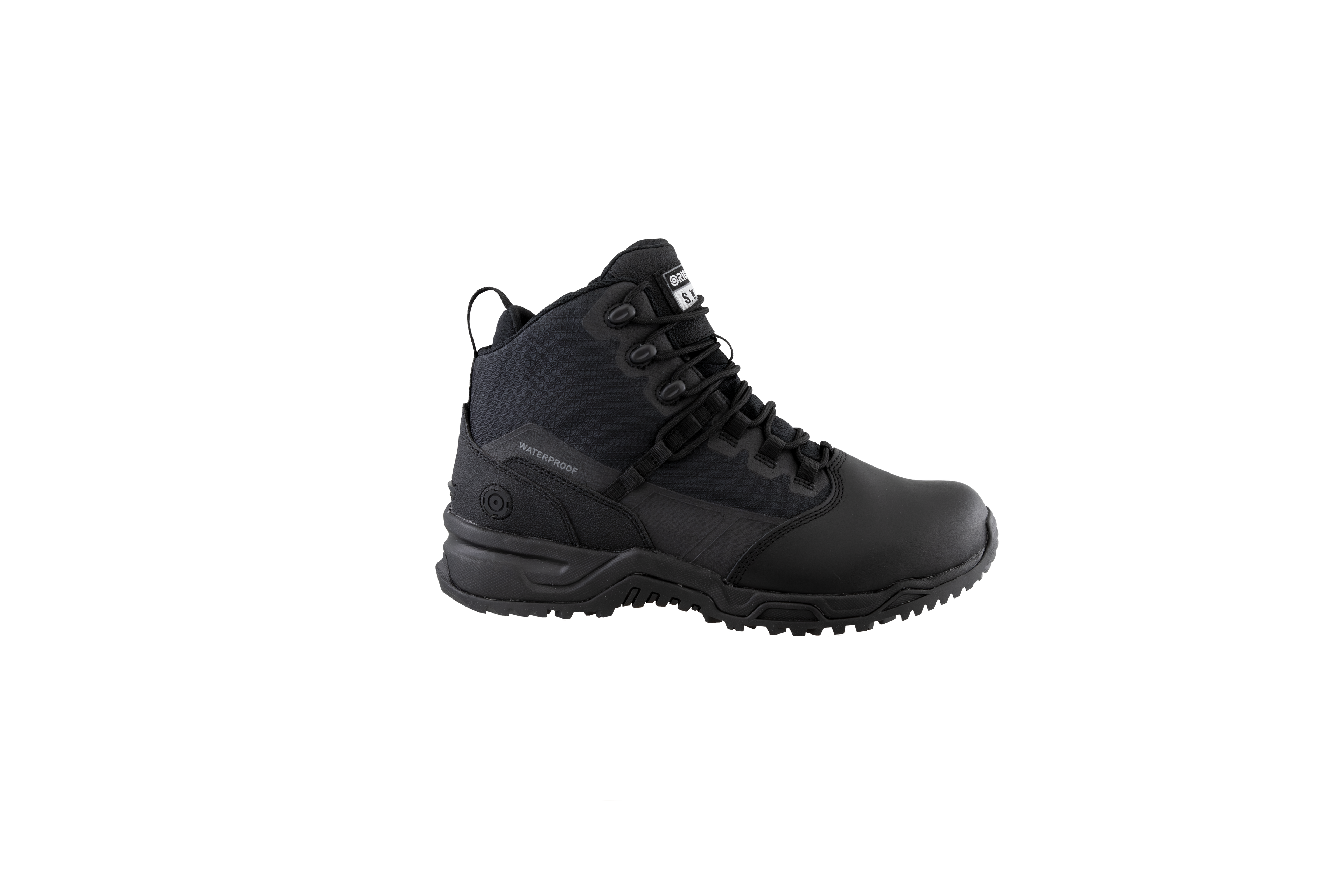 Original SWAT black tactical boots with a polishable toe and side zipper, featuring a non-marking rubber outsole.