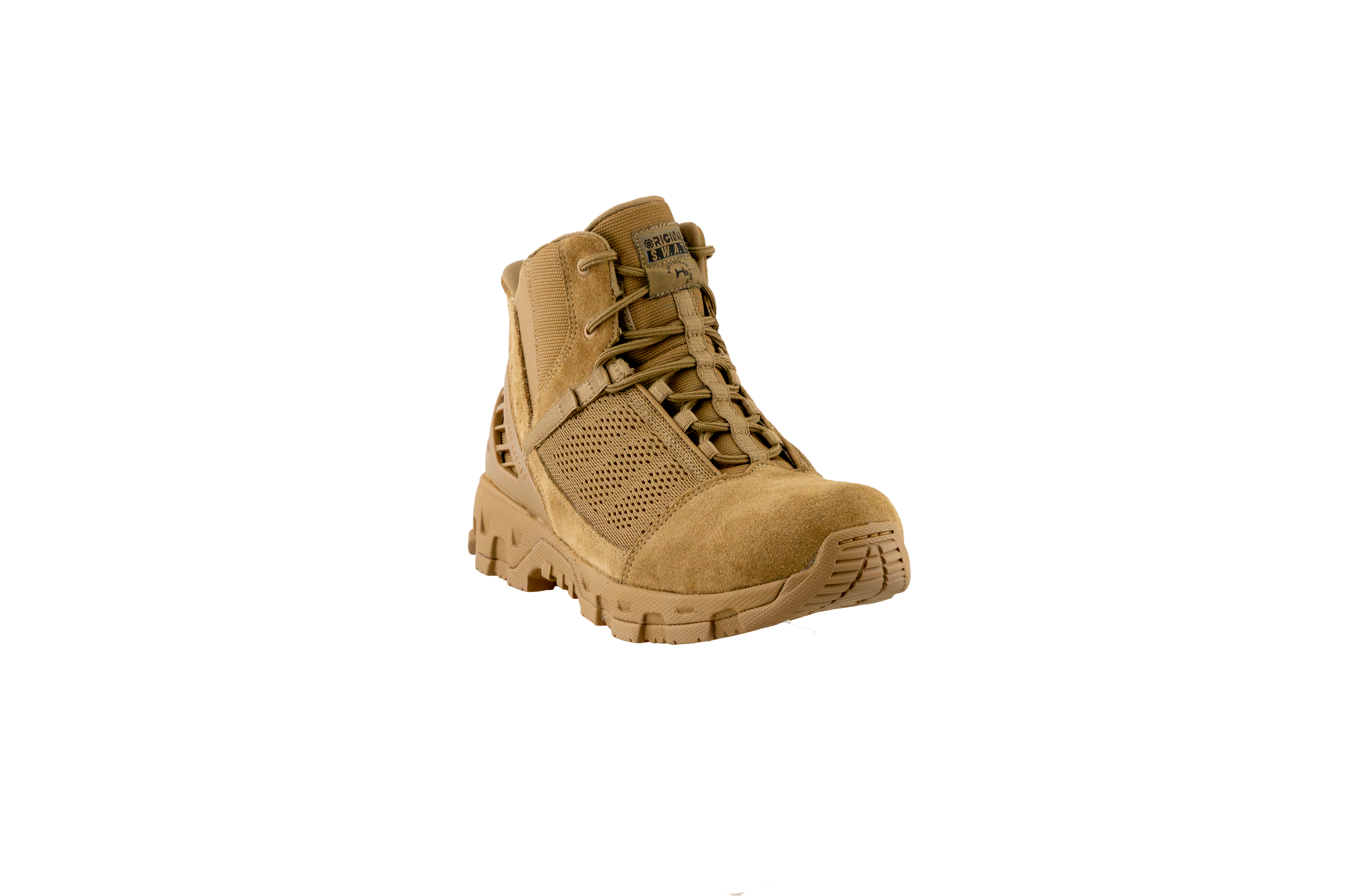 Original SWAT coyote tactical boots with a lace-up closure, rubber outsole, and mesh fabric upper designed for performance and comfort.