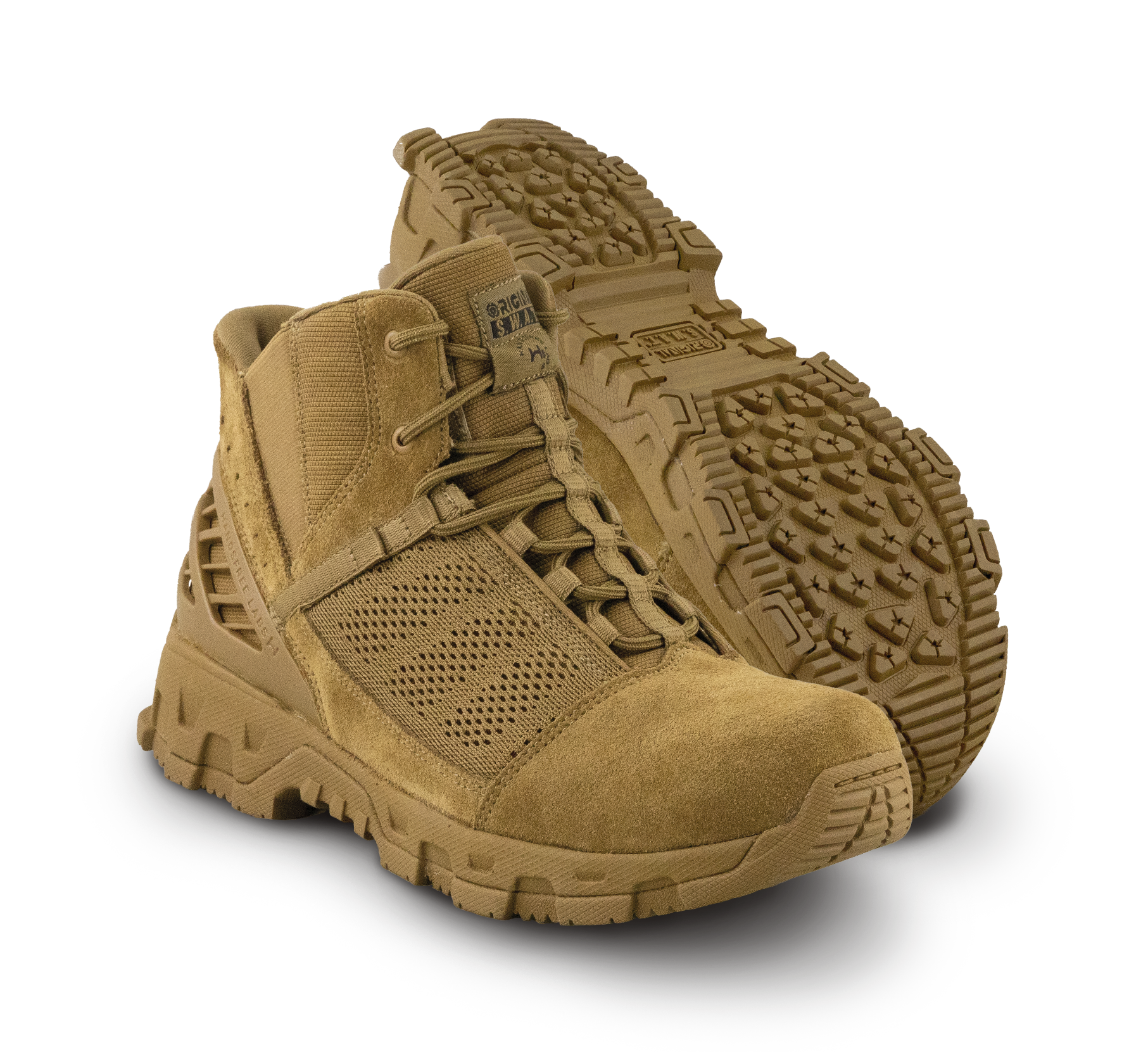 Original SWAT coyote tactical boots with a lace-up closure, rubber outsole, and mesh fabric upper designed for performance and comfort.