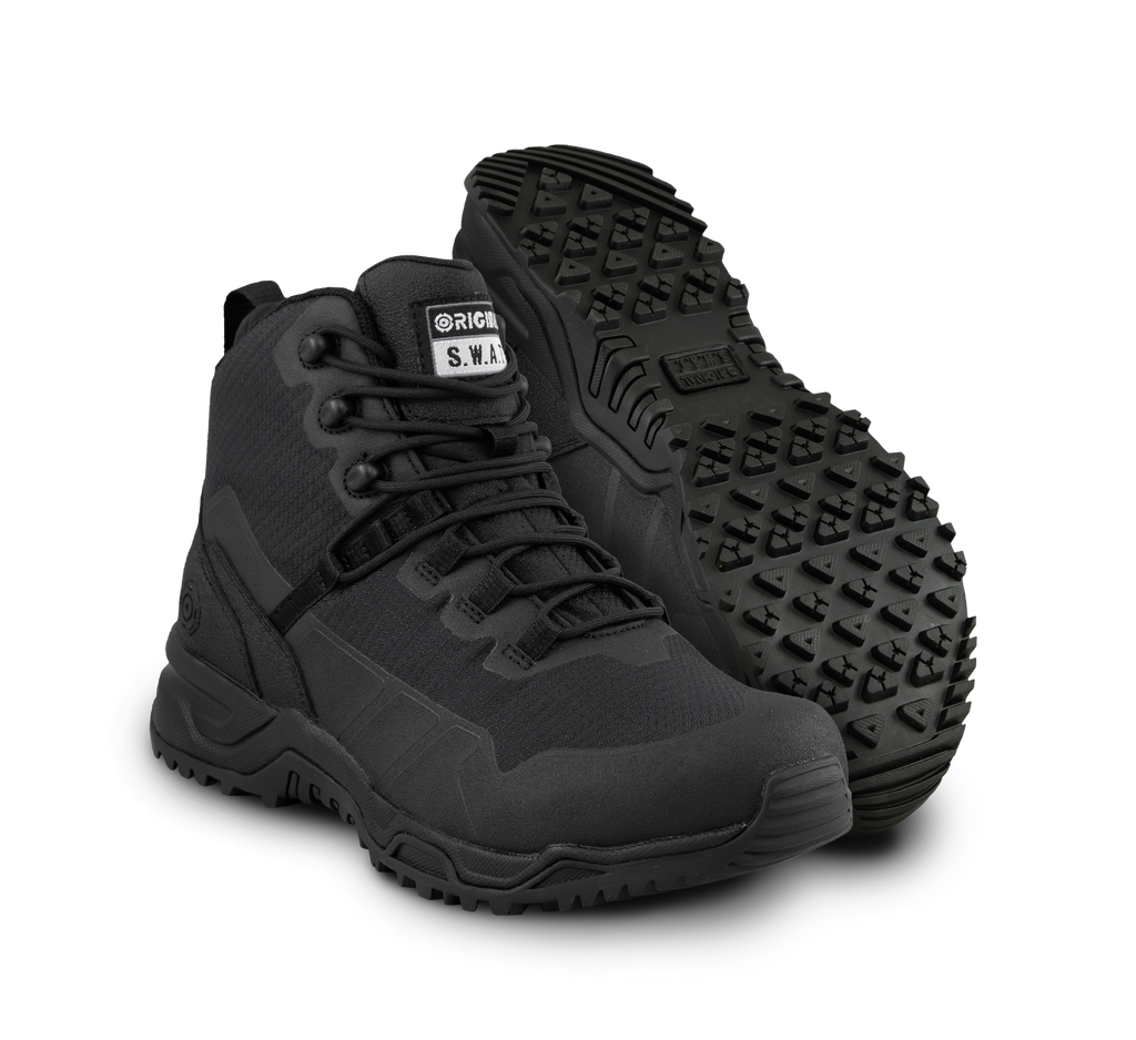 A pair of Original SWAT best police boots with a lace-up closure, rubber outsole, and mesh fabric upper designed for performance and comfort.