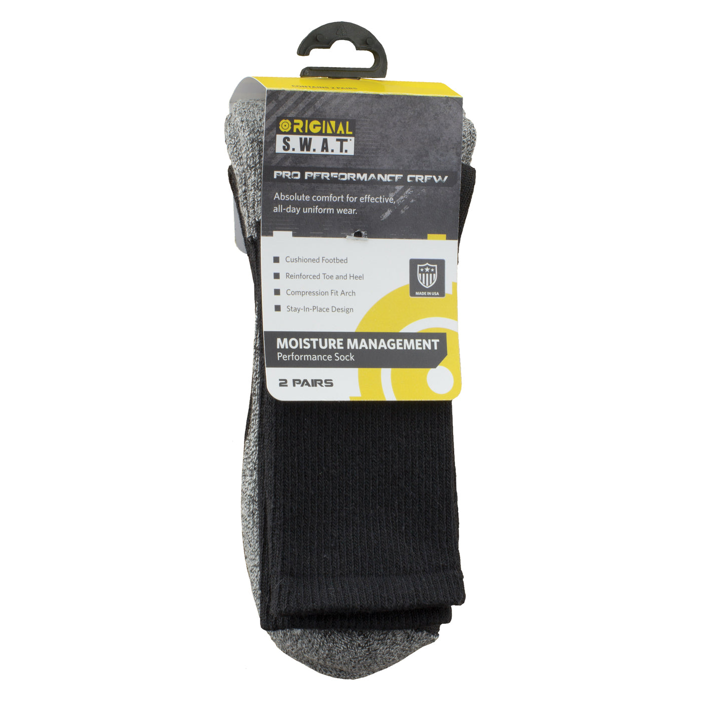 Two pairs of Original SWAT black crew socks with packaging indicating moisture management performance.