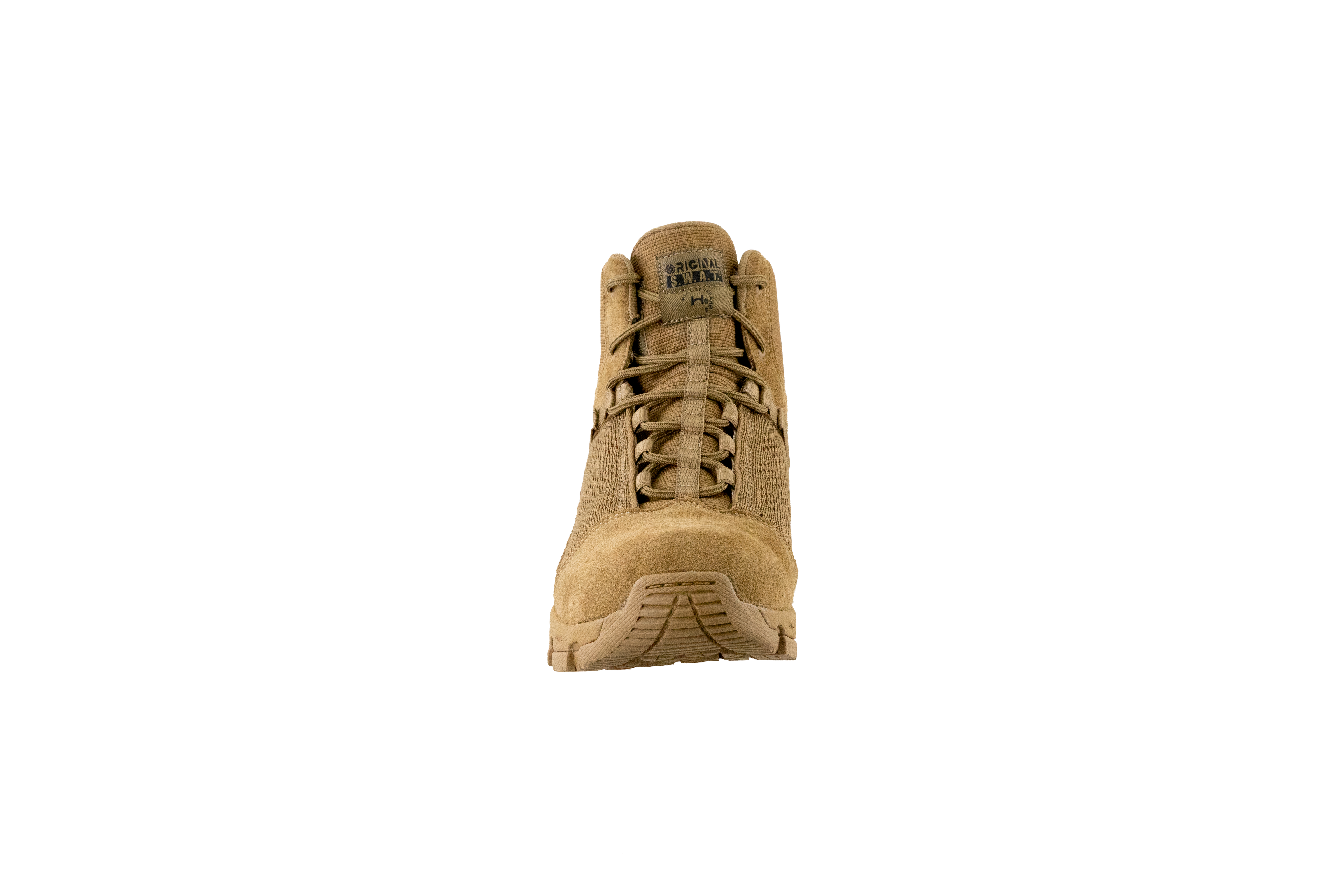 Original SWAT coyote tactical boots with a lace-up closure, rubber outsole, and mesh fabric upper designed for performance and comfort.
