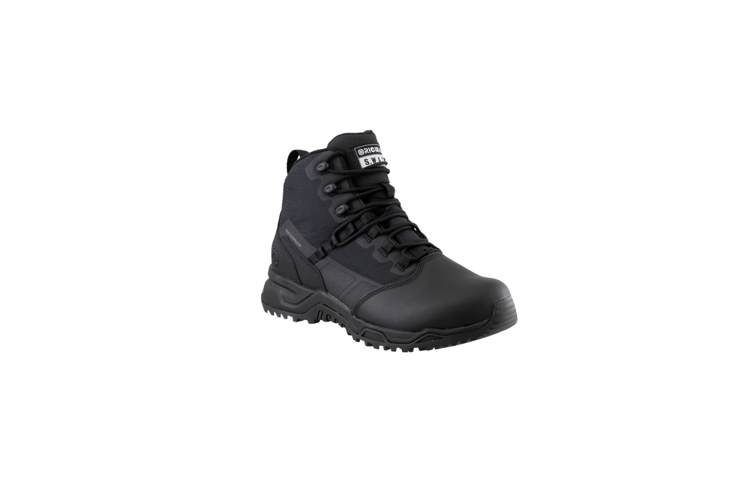 Original SWAT black tactical boots with a polishable toe and side zipper, featuring a non-marking rubber outsole.