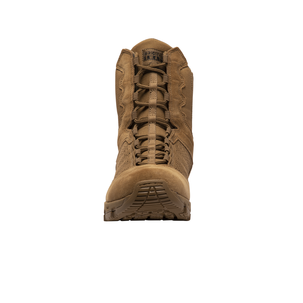 Original SWAT coyote tactical boots with a lace-up closure, rubber outsole, and mesh fabric upper designed for performance and comfort.