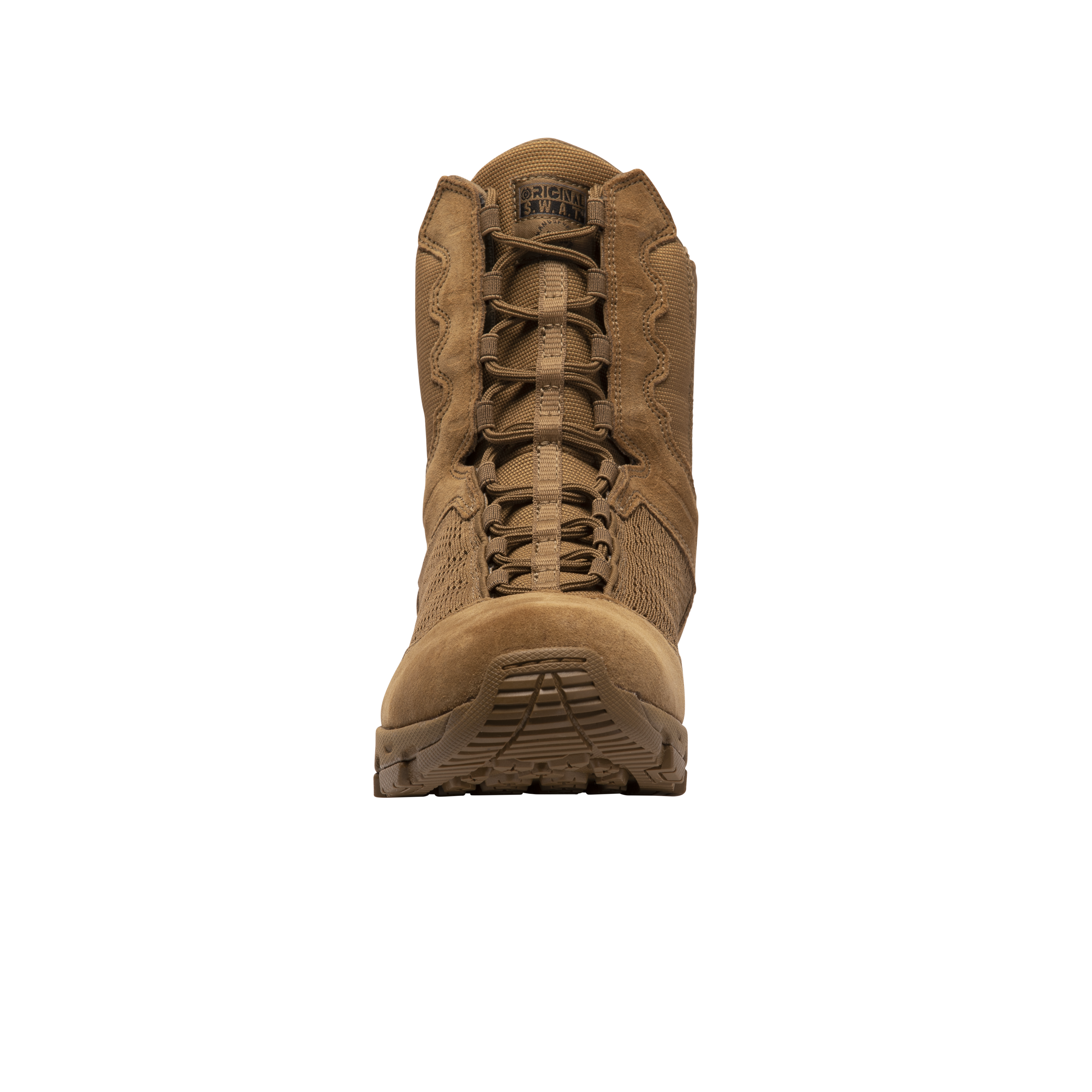 Original SWAT coyote tactical boots with a lace-up closure, rubber outsole, and mesh fabric upper designed for performance and comfort.