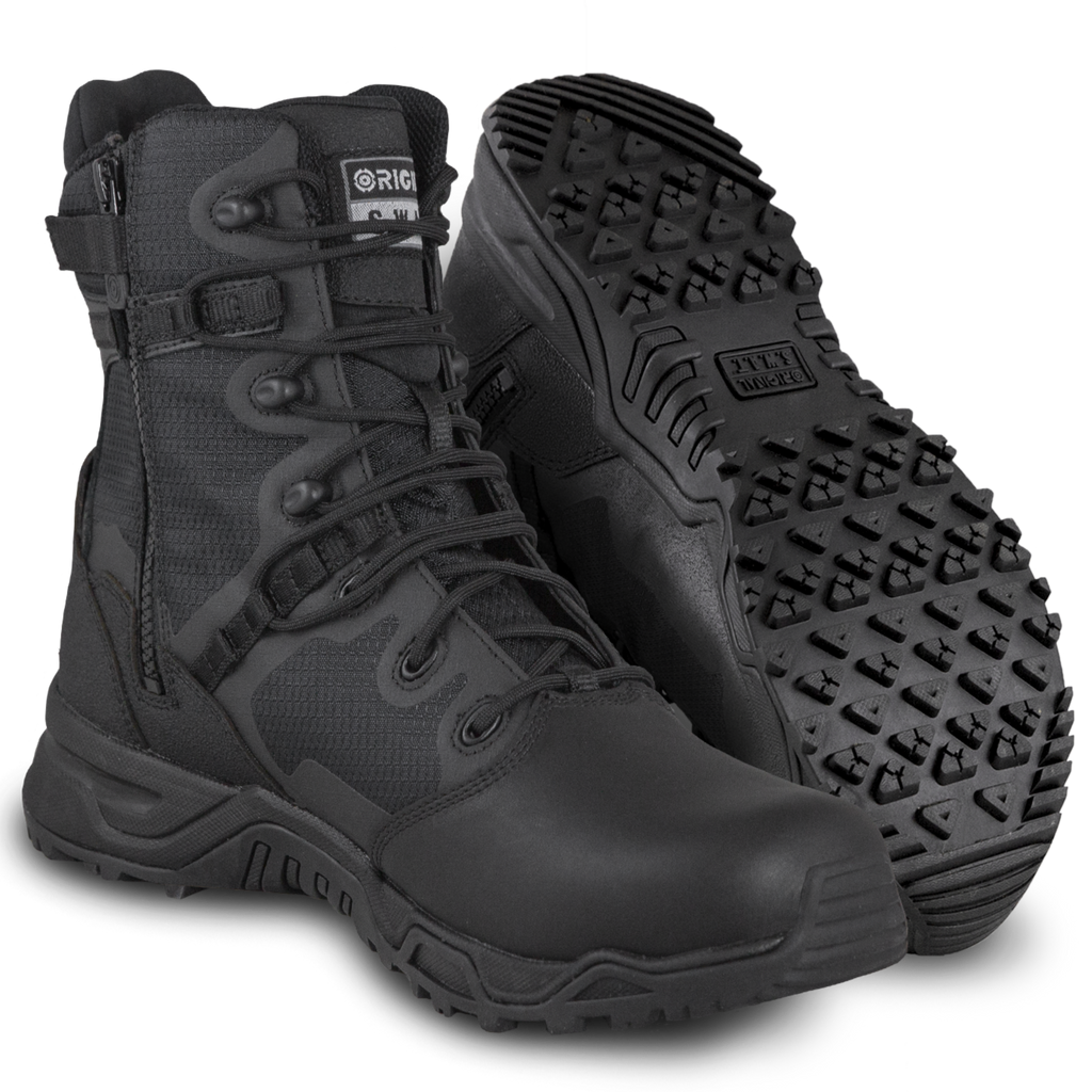 A pair of Original SWAT black Alpha Fury 8 work boots with polishable toe and side zip feature. 