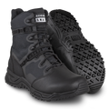 A pair of black, polishable toe tactical boots with a side zipper, suitable for waterproof and slip-resistant use.