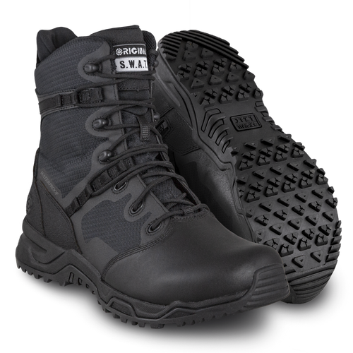 A pair of black, polishable toe tactical boots with a side zipper, suitable for waterproof and slip-resistant use.
