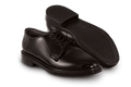 Two gloss leather dress shoes show the outsole and upper side of shoe design