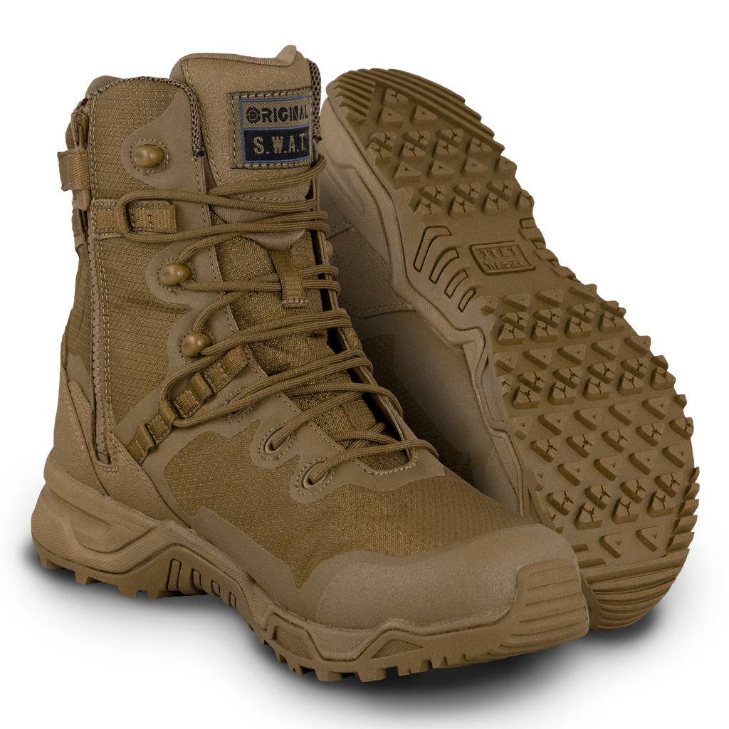 A pair of coyote Alpha Fury 8 side zip tactical boots with a rubber outsole and quick-drying mesh upper.