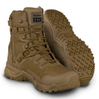 A pair of coyote Alpha Fury 8 side zip tactical boots with a rubber outsole and quick-drying mesh upper.