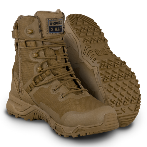 A pair of coyote Alpha Fury 8 side zip tactical boots with a rubber outsole and quick-drying mesh upper.