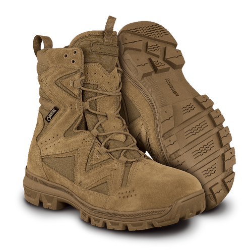 A pair of Altama ar 670 1 tactical boots with lace-up closure and slip resistant rubber outsoles 