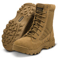 A pair of coyote tactical boots designed for law enforcement and military operations, featuring a lace-up closure, rubber outsole.
