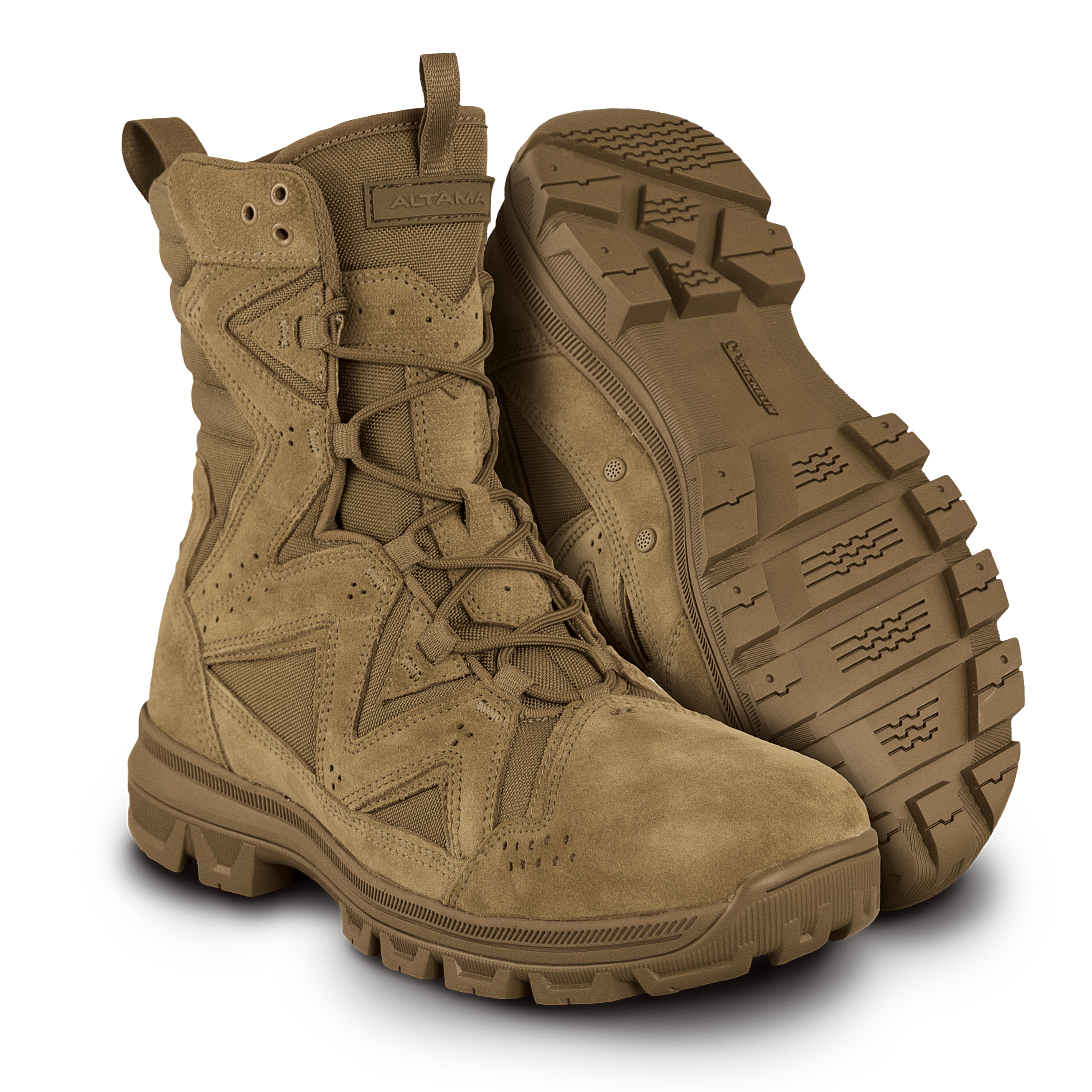 A pair of Altama ar 670 1 tactical boots with lace-up closure and slip resistant rubber outsoles 